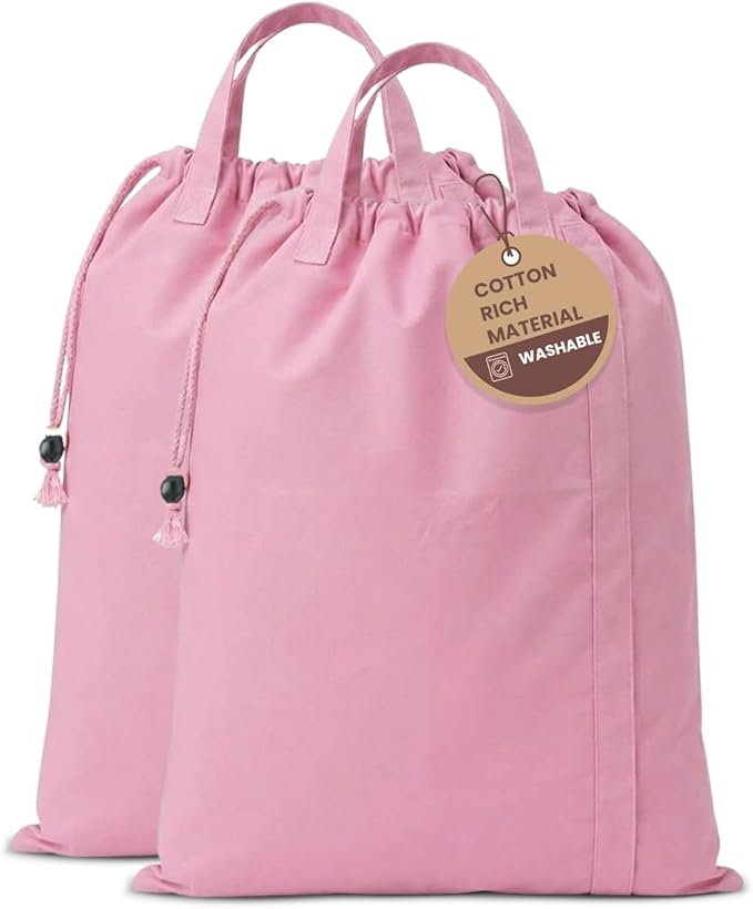 LFH Home Large Premium Cotton Canvas Laundry Bag with Drawstring and Handles Heavy Duty, Multi-Use, Washable for Home, Travel, College or Storage 28x40 (Pack of 2)-Pink