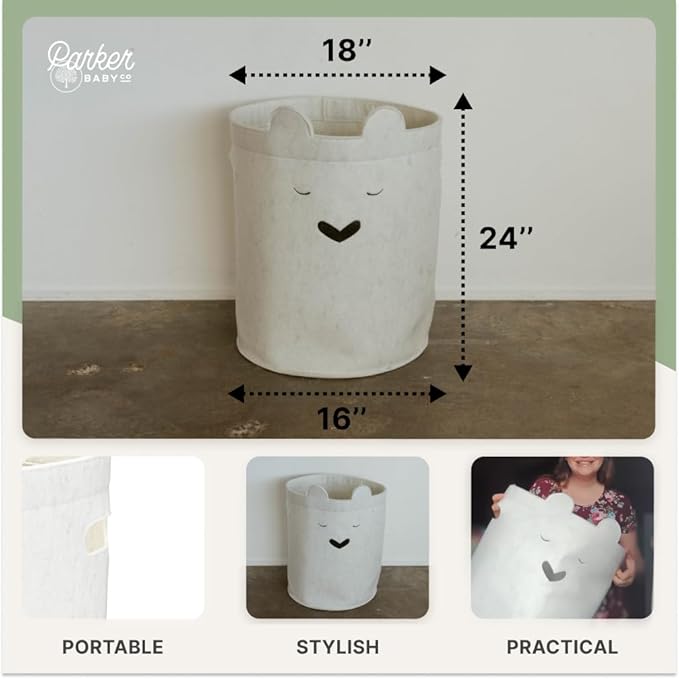 Parker Baby Bear Felt Laundry Hamper | Spacious & Collapsable Storage Basket for Nursery | Lightweight Laundry Hamper Basket with Flexible & Sturdy Handles | Neutral Colors & Fits Any Room