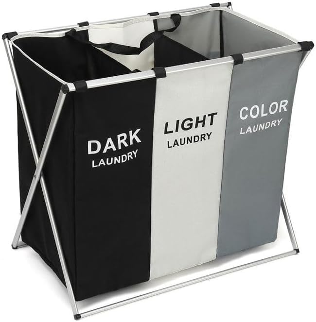 3-Section Laundry Basket Organizer, Foldable Hamper with Dividers, 150L Large Capacity, Waterproof 600D Oxford Fabric, Freestanding Lightweight Clothes Sorter Bedroom, Dorm, Bathroom (24x15x26in)