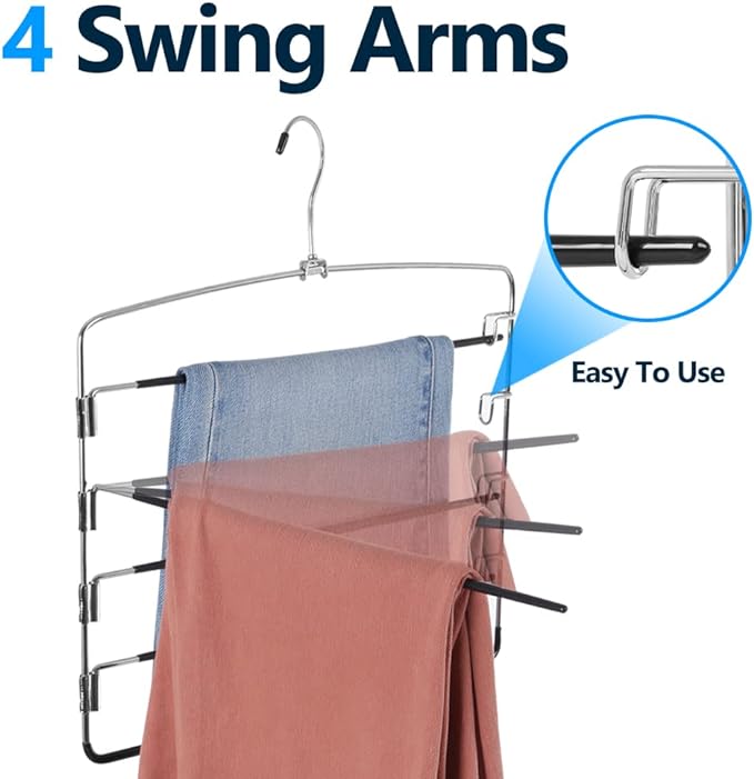 Pants Hangers 4 Pieces,5 Tier Closet Organizers and Storage Clothes Hanger,Hangers Space Saving with Swing Arm,Multiple Metal Hanger Clothes Organization for Pants Trousers Jeans Leggings Slacks