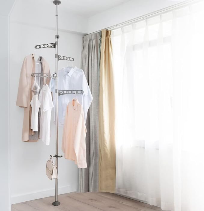 BAOYOUNI Adjustable Laundry Pole Corner Clothes Drying Rack Stand Floor to Ceiling Tension Shelf Metal Coat Tree Hanger Storage Organizer with 4 Arms & 1 Hook - Grey