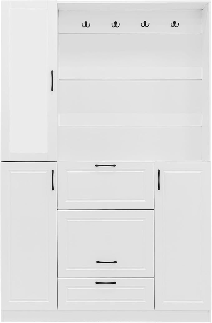 51.1'' Hall Tree with 4 Sturdy Hooks and Foldable Seat, 3-in-1 Design and Mirrored Cabinet Door, Entryway Bench with Integrated Shoe Cabinet for Living Room