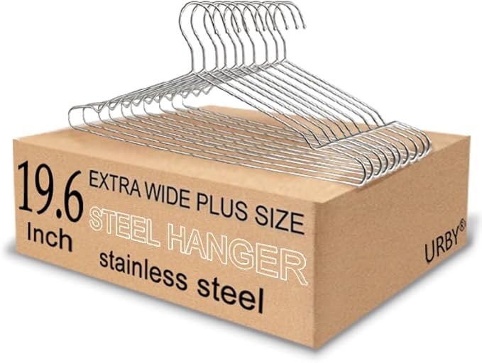 Extra Wide Wire Hangers for Plus Size Clothes, 19.6 Inch Stainless Steel Plus Size Hangers Ideal for XL, XXL Shirts, Coats, Dresses, Etc. Silver. 10pk.