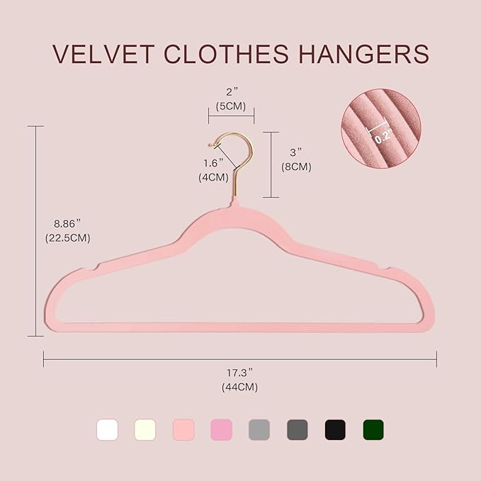 36 Packs Velvet Clothes Hangers, 17.3 Inches Non-Slip Skirt Hangers, Sturdy Dresses Hangers with Shoulder Notches, Space Saving Clothing Hangers for Adults Pink - Gold Hook