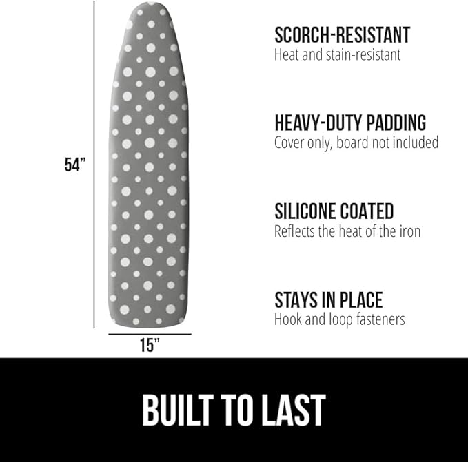 GORILLA GRIP The Original Ironing Board Cover and Pad, Silicone Coating, Thick Scorch Resistant Padding, Heavy Duty Iron Covers Standard Boards, Hook and Loop Fastener Strap, Dots, 15x54