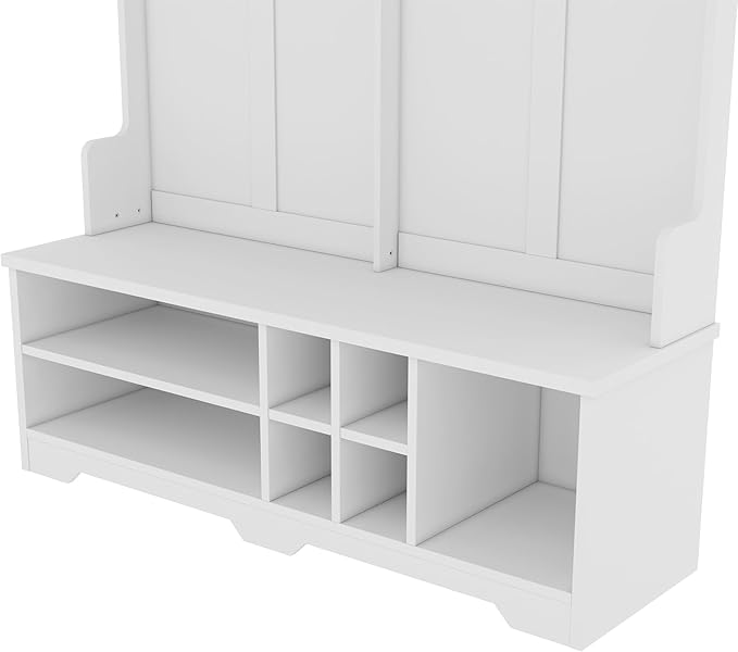 60 inch Hall Tree with Bench and Shoe Storage, Shelf, Wood Hall Tree with 6 Hooks/Mudroom Bench with Storage and Hooks, Hall Trees for Entryway, Hallway, Living Room