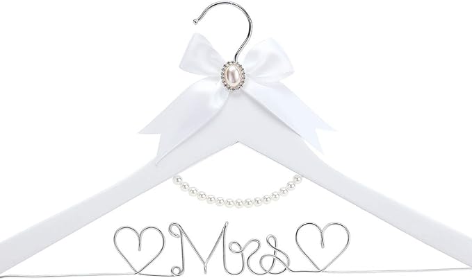 White Solid Wood Bridal Dress Hanger with Lady Wire Lettering for Bridal Wedding Party Gift (Silver Thread and Pearl Chain White Hanger)