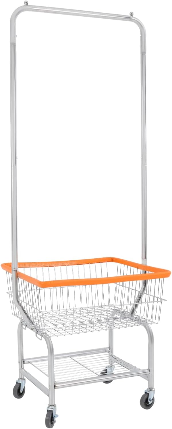 Laundry Cart,Steel Wire Laundry Cart,Laundry Basket With Wheels,Commercial Laundry Basket Cart Heavy Duty with Rod Rack 19.69x15.75x70.87in (G)