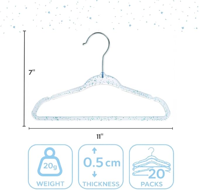 CONCEPTS 20 Pack Baby Hangers Kids Acrylic Non Slip Glitter Clothes Hangers for Toddler Infant Newborn Closet Organizer Small Hangers for Baby Clothes Pants Shirts Space Saving Nursery
