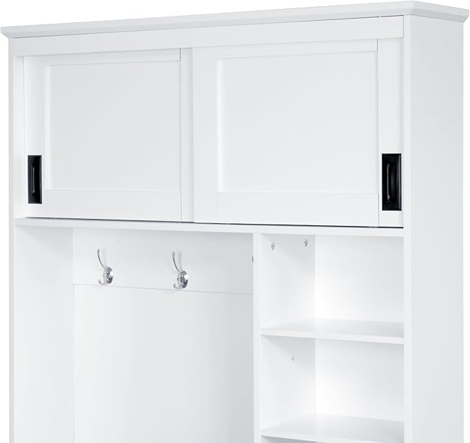 Modern Hall Tree with Top Storage, Coat Rack, 3 Shelves and Drawers, 3 Sturdy Hooks, 40.2'' Wide Hall Tree with Storage Bench for Hallway, Entryway, Living Room (White/331)