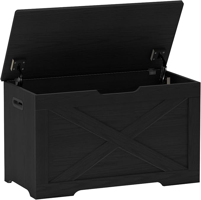 Storage Chest, Wooden Storage Bench, Entryway Shoes Bench with 2 Safety Hinges, for Living Room, Bedroom, 15.7 x 31.5 x 18.9 Inches, Black