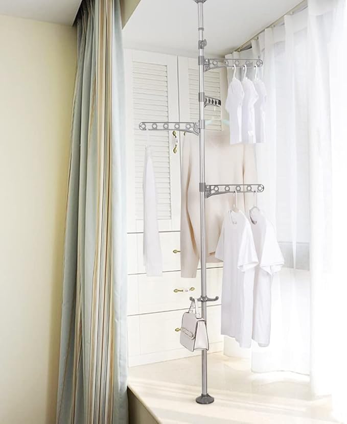 BAOYOUNI Adjustable Laundry Pole Corner Clothes Drying Rack Stand Floor to Ceiling Tension Shelf Metal Coat Tree Hanger Storage Organizer with 4 Arms & 1 Hook - Grey