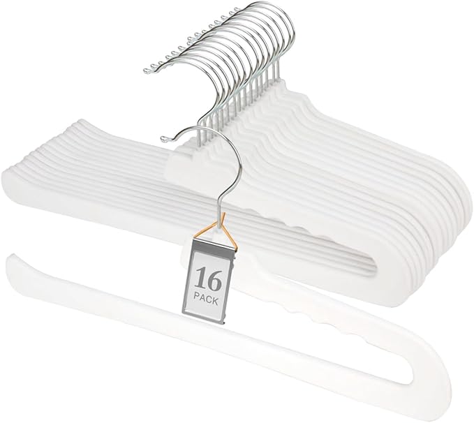 Velvet Pant Hangers Open End, 16 Pack Non Slip Non Crease Felt Slack/Jeans Trouser Hangers,Slim & Sleek Heavy Duty Space Saving Closet Hanger with 360° Swivel Hook (White)