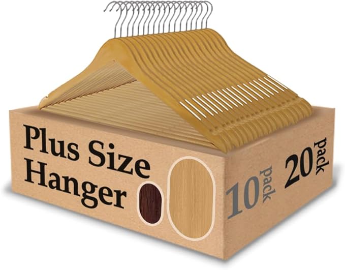 King Mills 19 Inch Plus Size Hangers, Extra Wide Hangers for Plus Size Clothes, Ganchos para Colgar Ropa, Ideal for XL, XXL Shirts, Coats, Dresses, Etc. Wood. Natural 20pk