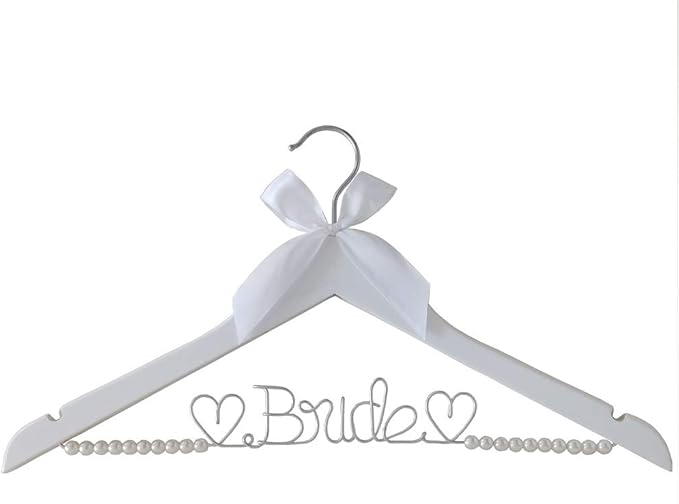 The Bride's Wedding Gift, Wooden Wedding Dress Gown Hanging Wire Letter Hanger (White and Silver Thread with Pearls)