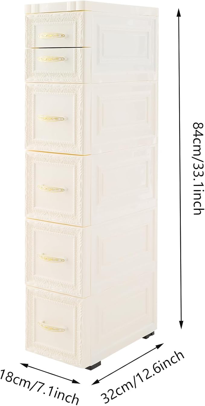 6 Drawers Narrow Storage Cabinet with Wheels,Slim Floor Cabinets,Rolling Organizer Cart for Small Spaces,White