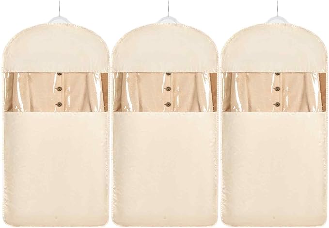 Space Saving Hanging Garment Bag with Self Compression Zipper，Dust Cover Clothes Bags for Down Coat,Dress,Suit，Closet Storage Organizer for Home Travel Use (Beige, L)