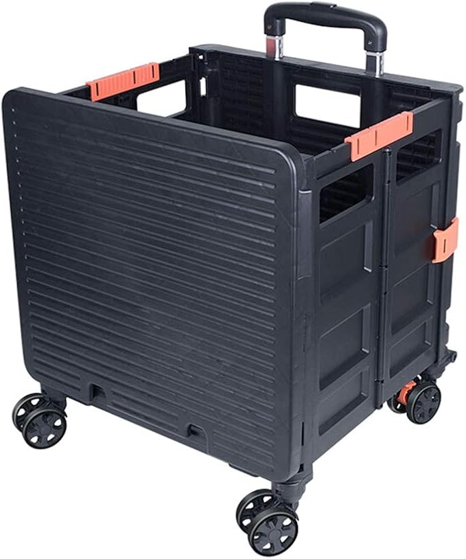 Foldable Utility Cart Folding Portable Rolling Crate Handcart Shopping Trolley Wheel Box with Lid Wear-Resistant Noiseless 360°Rotate Wheel for Travel Shopping Moving Storage Office Use (Black)