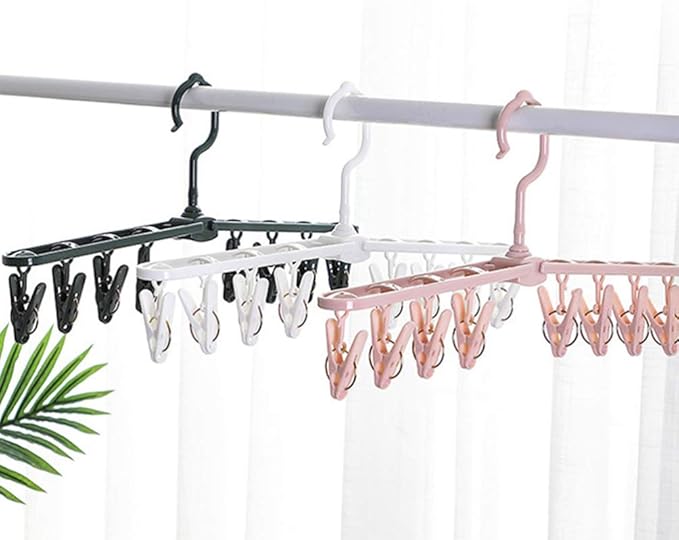 Foldable Windproof Clips Drying Rack for Socks and Underwear, Portable Plastic Hanger with 8 Clips for Laundry and Travel, White
