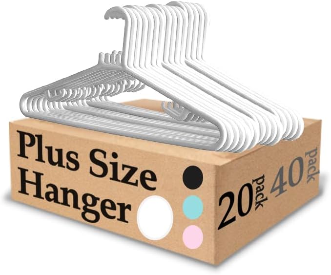Urby Extra Wide Hangers for Plus Size Clothes, 19 Inch Plus Size Hangers, Durable Space-Saving Plastic Hanger for Oversized or XL, XXL Shirts, Coats, Etc. White 20PK