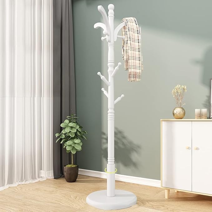 Wooden Tree Coat Rack Stand, 10 Hooks, 3 Adjustable Sizes Free Standing Coat Rack, Hallway/Entryway Coat Hanger Stand for Clothes, Suits, Accessories, Easy Assembly (Color : /White, Size : B)