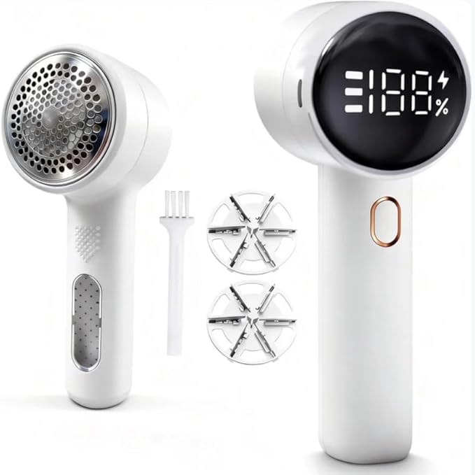 Fabric Shaver, Electric Lint Remover Rechargeable with 2 Replaceable Blades, 3 Speeds, Digital LED Display to Remove Pilling for Clothes, Furniture, Sweater, Couch, Blanket (White)
