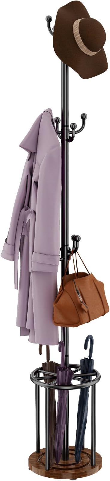 Coat Rack Freestanding, Coat Rack Stand with Umbrella Holder, Coat Tree, Coat Hanger Stand with 12 Hooks for Clothes Bag Hats, Hat Rack Hall Tree Coat Hanger Umbrella Stand for Entryway