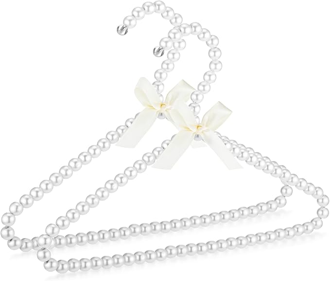 Threan White 2 Pcs Pearl Beaded Clothes Hanger Mini Pearl Beads Small Metal Clothes Hangers with Ribbon Standard for Kids Baby Children Pet Dog