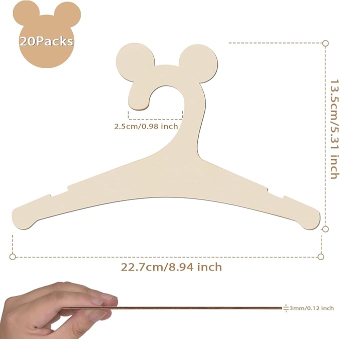 20 Pack Wooden Baby Hangers with Cute Mouse Ears for Newborns & Toddlers, 9 Inch Kids Hangers for Baby Shower, Nursery & Closet Storage
