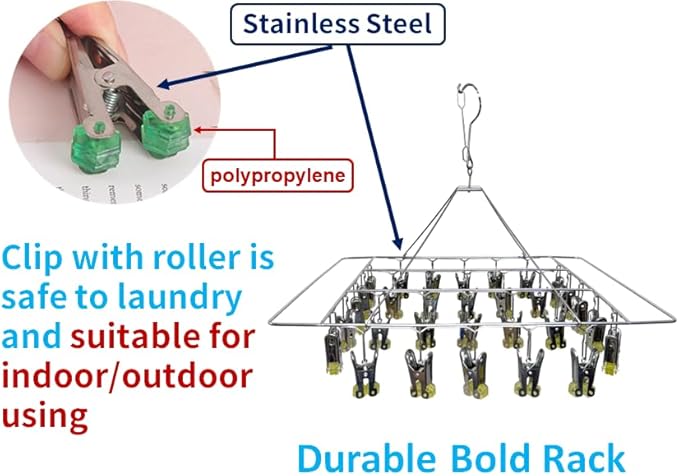Quick Release Stainless Steel Laundry Drying Rack with Clips, Swivel Hook Wind-Proof Clothes Hanger Rack for Sock, Bras, Underwear, Laundry (Rectangle 30 Clips)