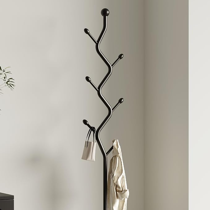 Creative Tree Branch-Look Coat Rack Freestanding with 6 Hooks & Sturdy Marble base Metal Clothes Hanger Stand for Entryway/Mudroom/Bedroom/Hallway/Home Office (Matte black)