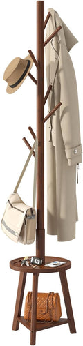 BMOSU Coat Rack freestanding Stand with 2 Shelves Bamboo Wooden Coat Tree Easy Assembly 8 Hooks Standing Jackets Hanger Hallway Office Floor Coat Stand Brown