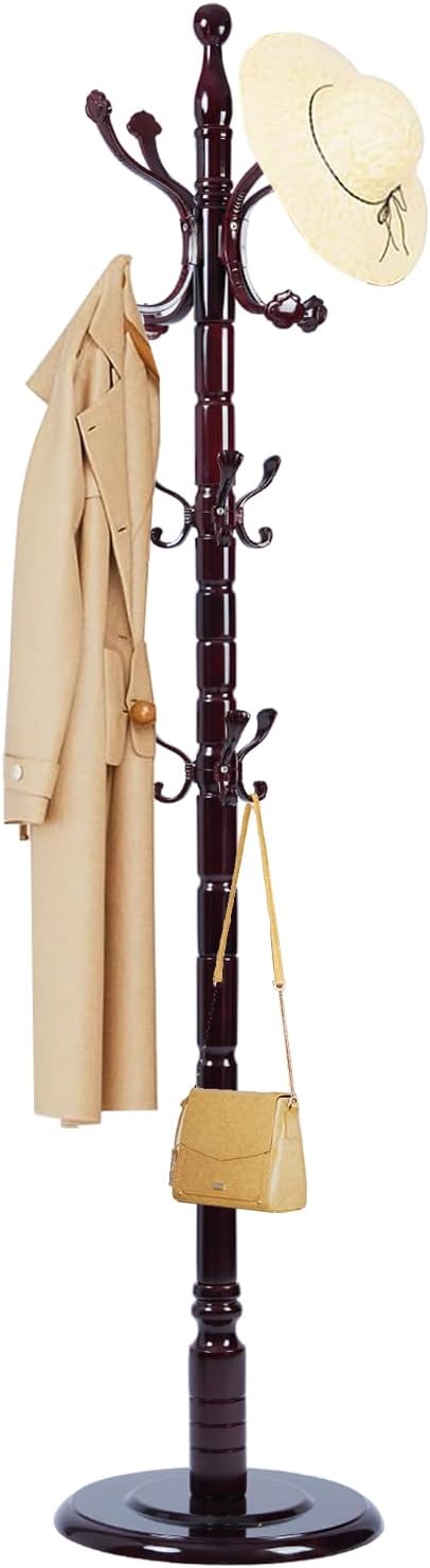 Solid Wood Coat Rack, Free Standing Hall Coat Tree with 14 Hooks, 3 Height Options, 300lbs Load, Stury Base, Clothes Rack for Entryway, Hallway, Bedroom (Disc Base - Ruyi)