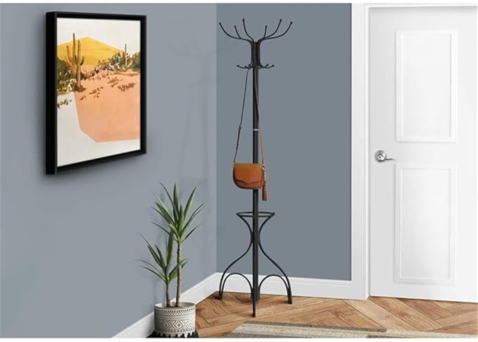 Monarch Specialties 2031, Hall Tree, Free Standing, 12 Hooks, Entryway, Umbrella Holder, Bedroom, Metal, Black, Transitional Coat Rack, 18" L x 18" W x 70" H