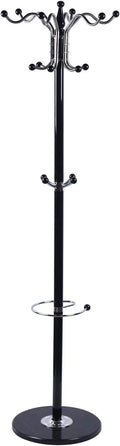 DouSeiAi Metal Coat Rack Stand, Morden Coat Tree with Marble Base and 16 Hooks, Free Standing Hall Tree for Hanging Coats, Hats, Bags, Umbrellas, 67" Tall, Black