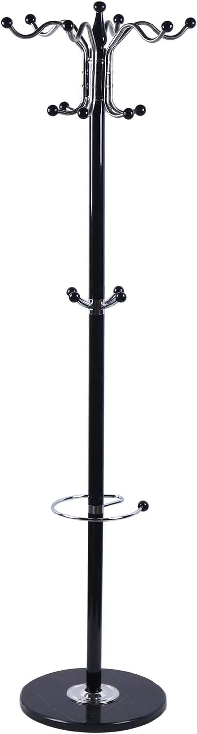 DouSeiAi Metal Coat Rack Stand, Morden Coat Tree with Marble Base and 16 Hooks, Free Standing Hall Tree for Hanging Coats, Hats, Bags, Umbrellas, 67" Tall, Black