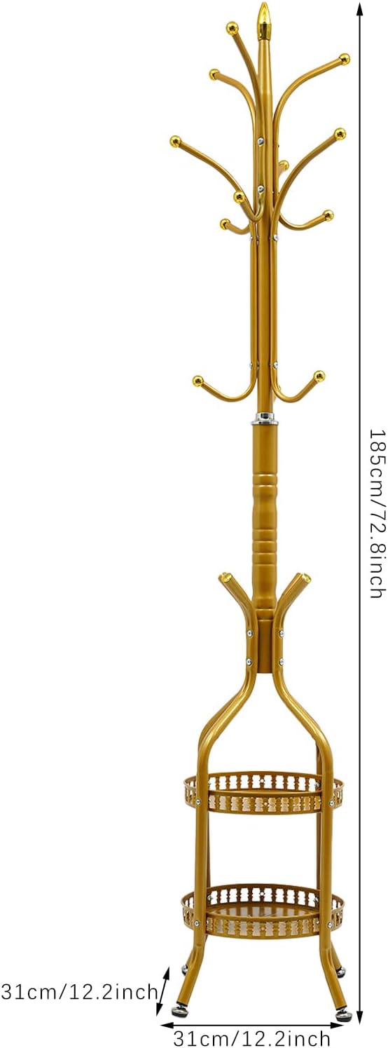Multifunctional Metal Coat Rack Stand, Freestanding Coat Rack Hat Hall Tree with 2 Layer Basket and Practical Feet, Clothing Rack for Hallways, Living Rooms (Gold)