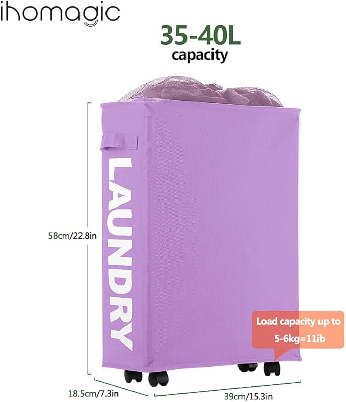 40L Laundry Hamper Collapsible Fabric for Hotel, Freestanding Flexible Laundry Sorter on Wheels - Slim Storage Bag, Decorative Laundry Baskets for Books, Sundries Storage (Purple)