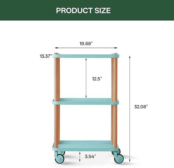 Rolling Storage Cart, 3 Tier Bathroom Organizer Mobile Shelving Unit, Metal Utility Cart Tower Rack with Beech Wood Frame for Kitchen Laundry Narrow Places(13.77"D x 19.68"W x 32.08"H, Blue)