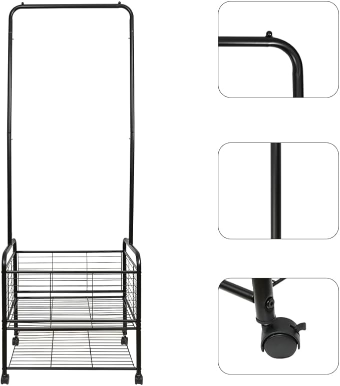 Black Metal Rolling Laundry Hamper Butler Cart Basket with Hanging Garment Rack, Storage Organizer with Mobile Wheels