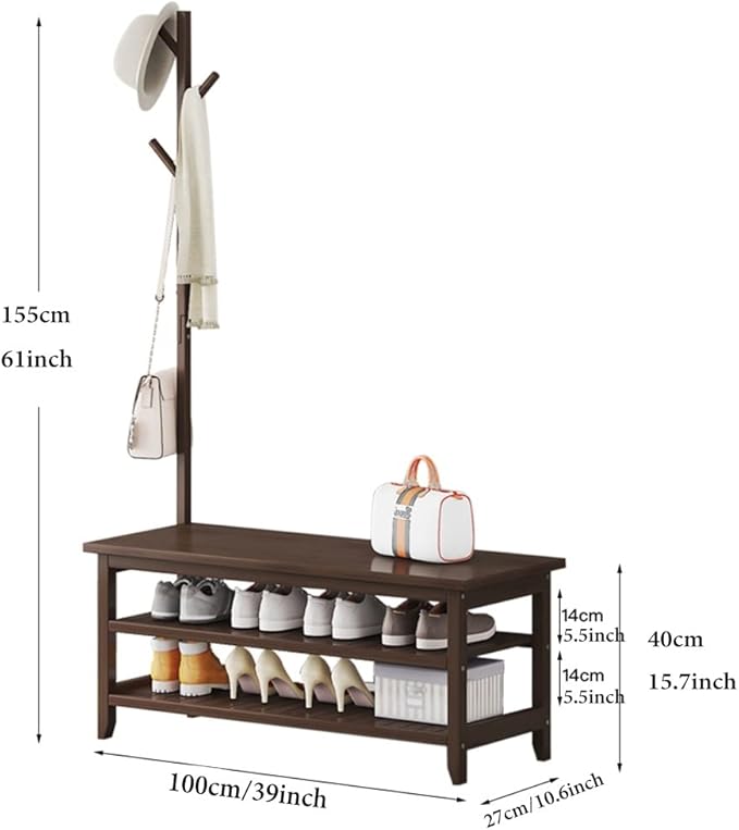 GIZNXBA Coat Rack Shoe Bench, Coat Rack Stand Wood, Hall Tree with Shoe Storage, 3-Tier Shoe Bench with 3 Hooks, Industrial Hall Tree for Hallway, Bedroom, Entryway (Size : 100cm)