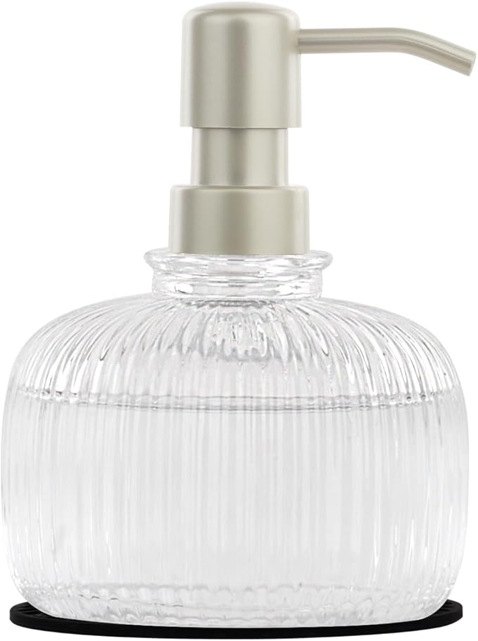 12 OZ Soap Dispensers with Silicone Mat, for Kitchen and Bathroom Contertop Wash Hand Liquid, Dish Detergent, Farmhouse Style Shampoo Lotion Pump (1, Clear Glass with Champagne, 4" x 4" x 5-1/2")