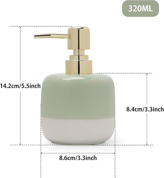 Ceramic Soap Dispenser Green and White Two Color Splicing with Gold Pump,Simple Design Cylindrical Lotion Dispenser Bottle,Refillable Liquid for Kitchen,Bathroom,Washroom