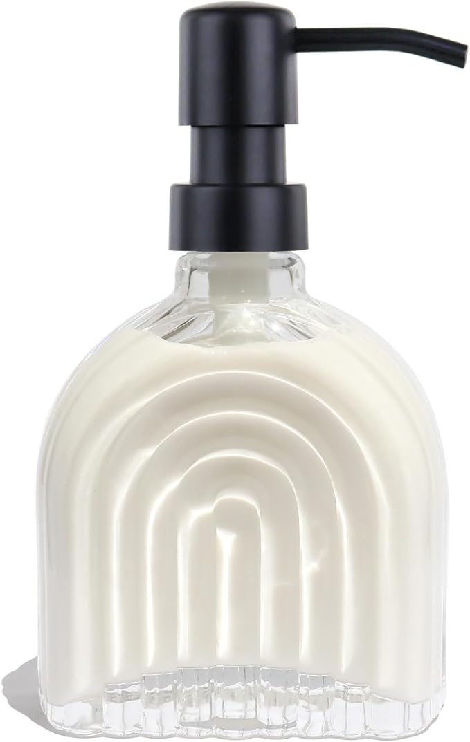 Glass Soap Dispenser for Kitchen and Bathroom Contertop Wash Hand Liquid, Dish Detergent, Farmhouse Style Shampoo Lotion Pump (1, Clear Glass with Black, 4" x 2"x 6-5/8")