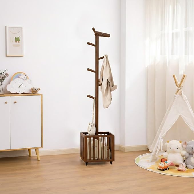 AQIMUELE Kids Coat Rack, Solid Wood Coat Rack with 6 Hook for Bedrooms, Kids Clothing Rack, Walnut