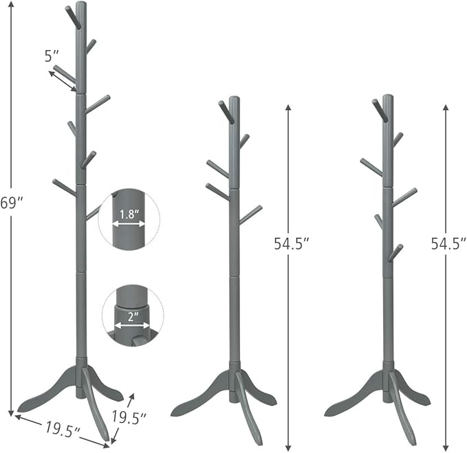 S AFSTAR 8-Hook Coat Rack Freestanding, Wood Coat Tree With 3 Adjustable Height, Standing Jacket Hanger for Hats Purses Scarves, Easy Assembly, Clothes Hanger Stand for Bedroom Entryway (Grey)