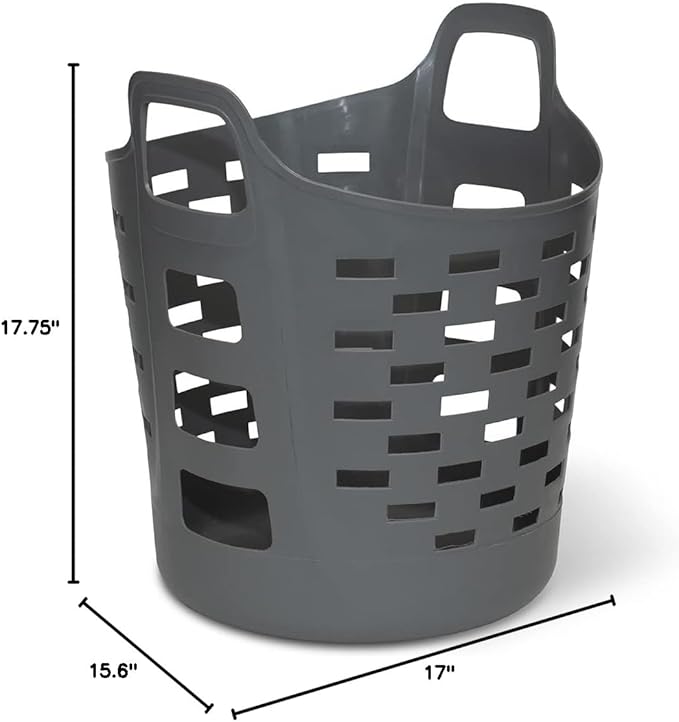 Clorox Flexible Laundry Basket - Plastic Hamper for Clothes, Bedroom, and Storage - Portable Round Bin with Carry Handles, 1 Bushel, Grey