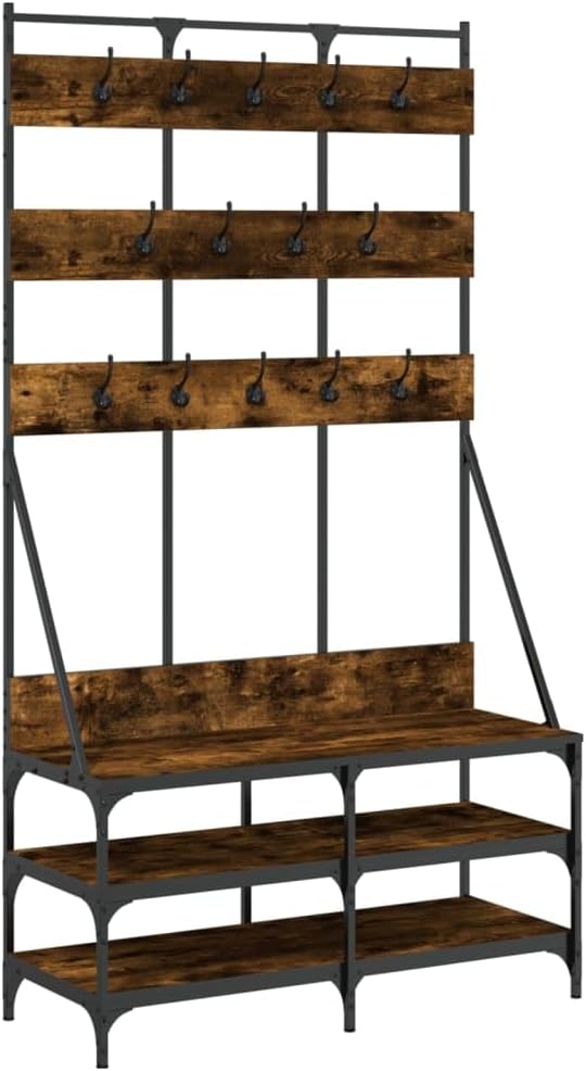 vidaXL Smoked Oak Clothes Rack with Shoe Storage - Compact, Modern Style, Engineered Wood and Metal, Organizational Furniture for Home