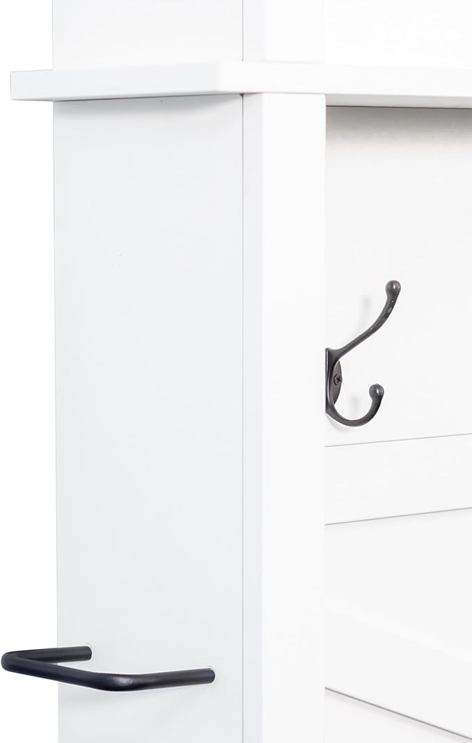 Versatile 4-in-1 Hall Tree with 6 Hooks, Practical Walnut Entryway Bench with Adjustable Shelves, Wood Coat Rack Shoe Cabinet with 16 Open Compartments for Entrance Hallway (White-3.2)
