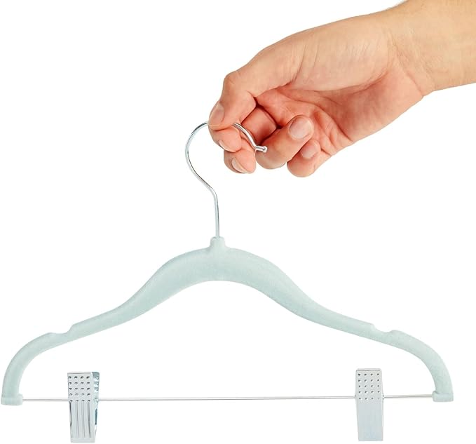 Juvale 24-Pack Light Blue Velvet Hangers - Kid Hangers with Clips - 360 Degree Swivel Hook & Space-Saving Design - 12 x 8 in, Light Blue
